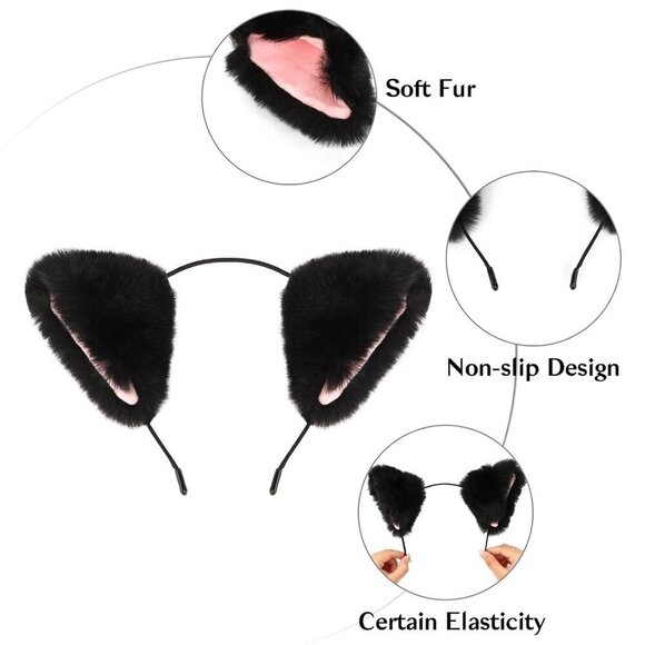 3Pcs Faux Fur Fox Ears Headbands Leopard Print Black Brown Party Cosplay main image 4
